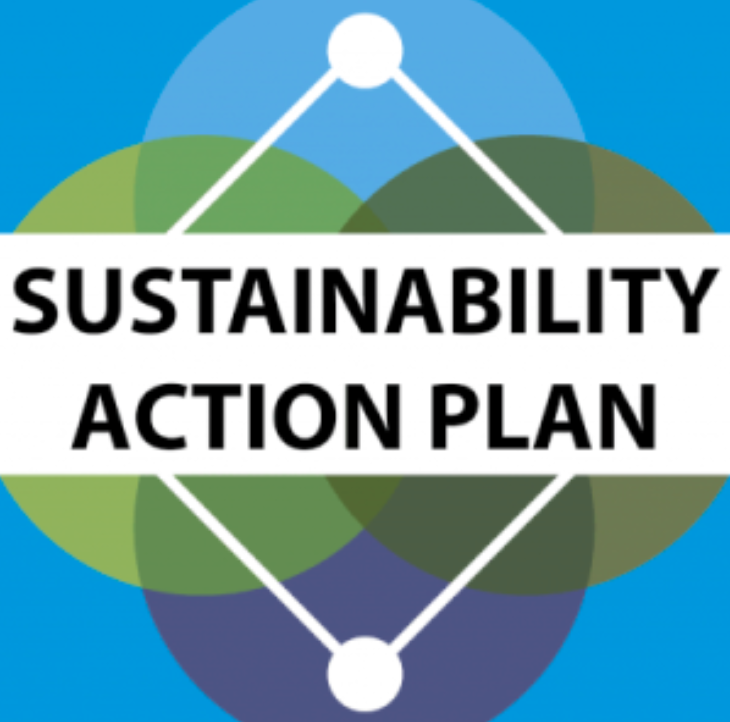SAP logo: four intersection circles with the text "Sustainability Action Plan"  layered on top