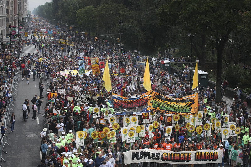 Bird's Eye View of the thousands of protesters at the People's Climate March, carrying signs and waving banners