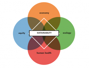 Venn diagram illustrating the four pillars of sustainability:  equity, economy, human health, and ecology