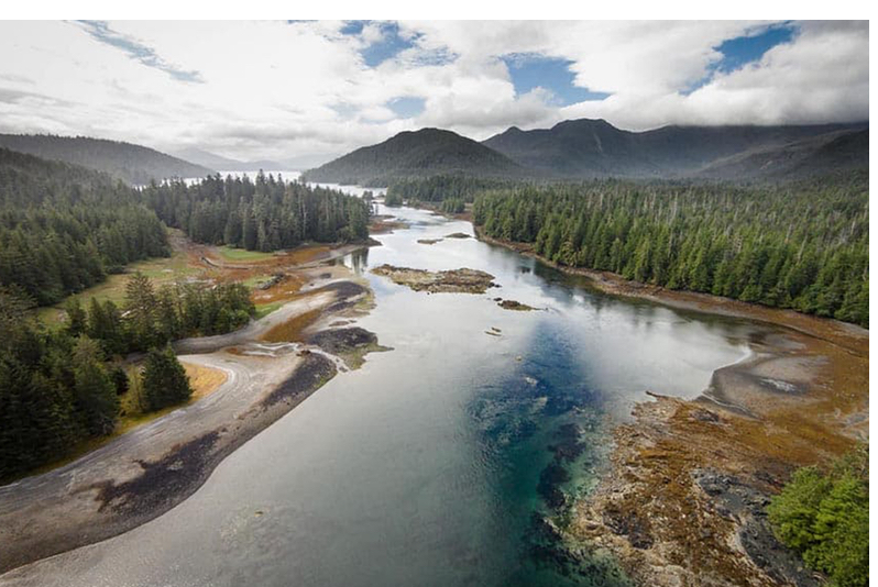 Birds-eye landscape shot of Haida Gwaii, a current battleground for indigenous sovereignty