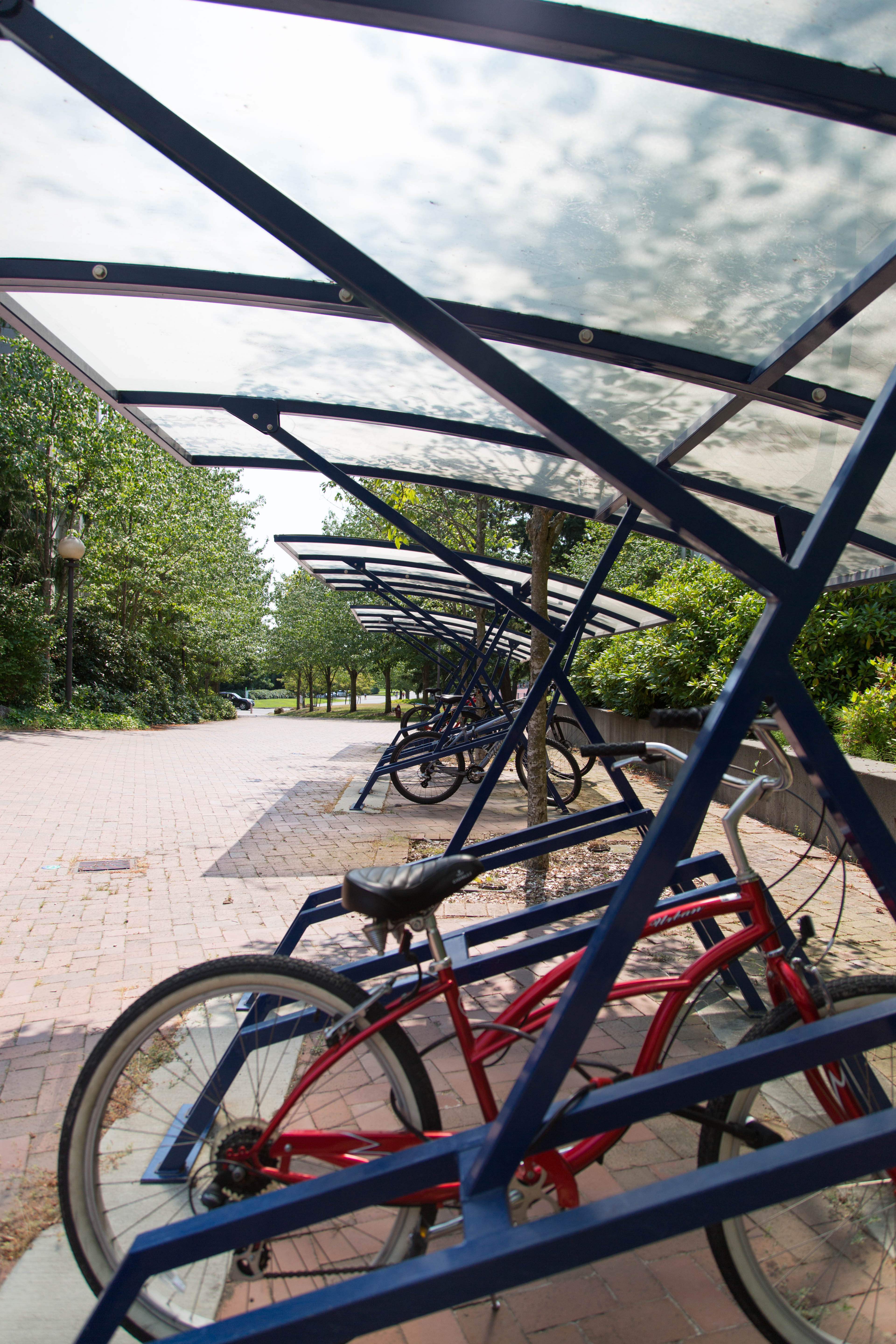 A bicycle rack on campus