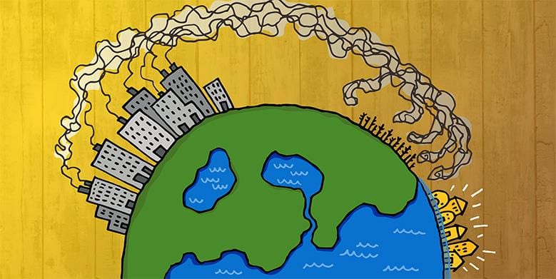 Cartoon drawing illustrating the inequitable effect of one city's carbon emissions on another city
