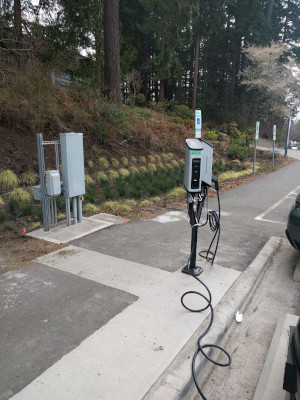 An electric vehicle charging station on campus
