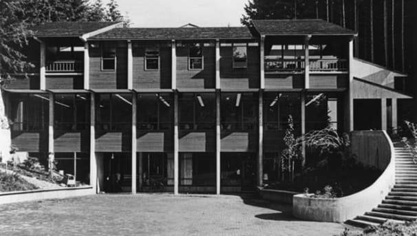 Archival B+W photo of Fairhaven College's campus