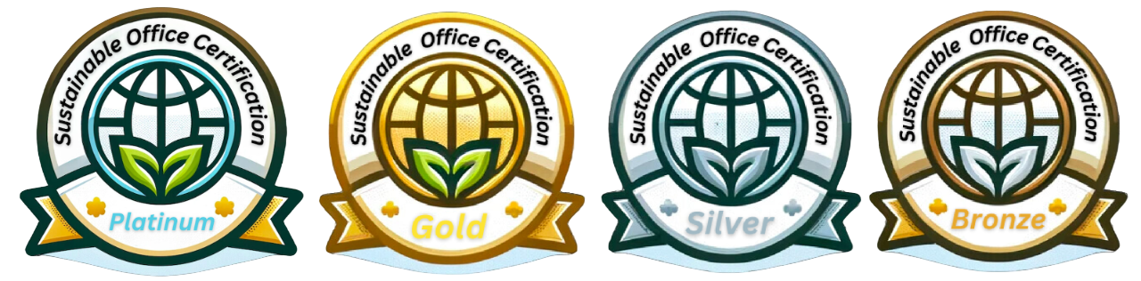 Certification badges for the Sustainable Office Certification, arranged from left to right in descending order of rank: Platinum, Gold, Silver, and Bronze. 