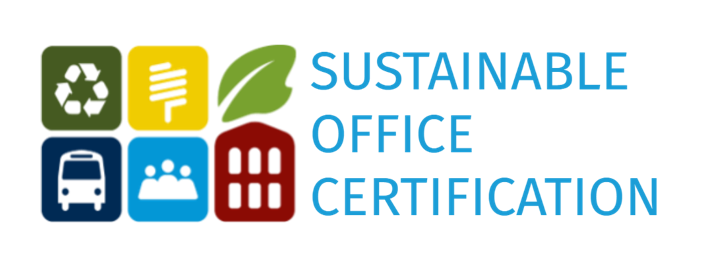 The logo for "Sustainable Office Certification". It features four horizontally aligned blocks in green, yellow, red, and blue, each containing icons for recycling, documents, a leaf, and a cityscape, respectively.