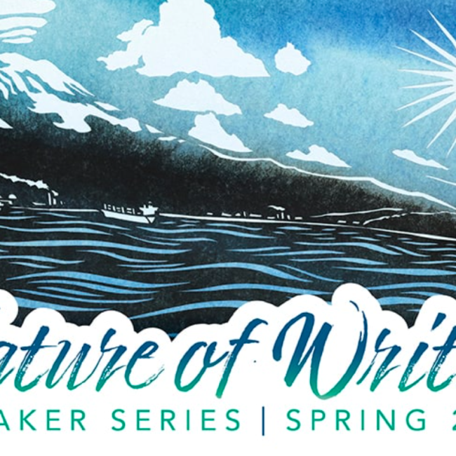  Promotional graphic for "Nature of Writing Speaker Series Spring 2024" featuring stylized blue waves, mountains, and a radiant sun.