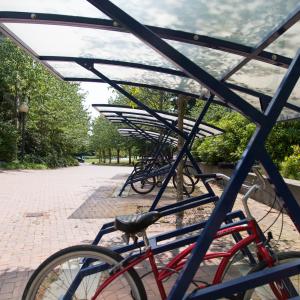 A bicycle rack on campus