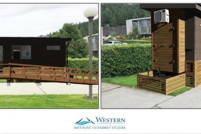 The photos show a rendering of a brown, wood tiny house from the front and the side that is located on grass and a sidewalk. 