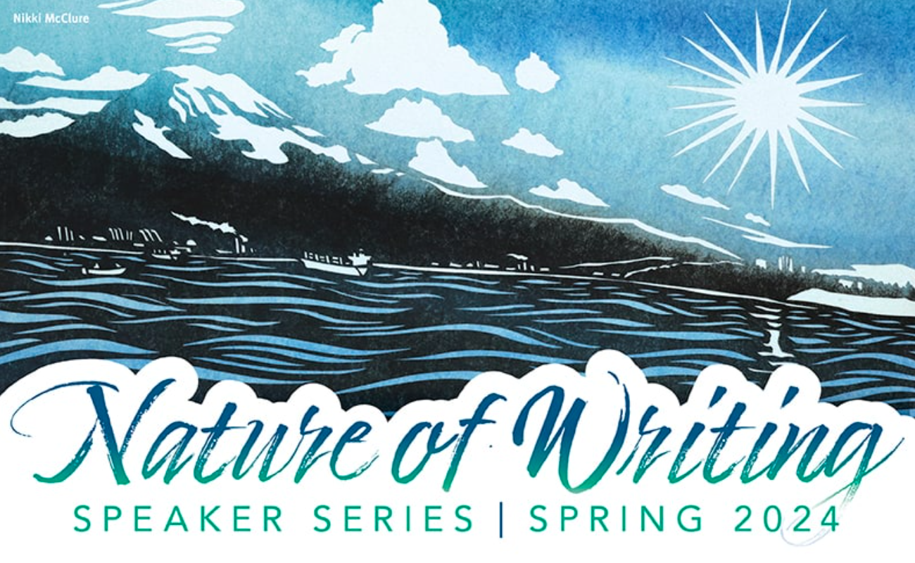  Promotional graphic for "Nature of Writing Speaker Series Spring 2024" featuring stylized blue waves, mountains, and a radiant sun.